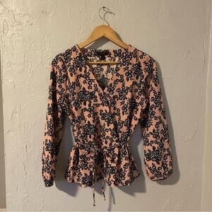 J. Crew Pink and Black Floral Wrap Blouse career workwear size 4